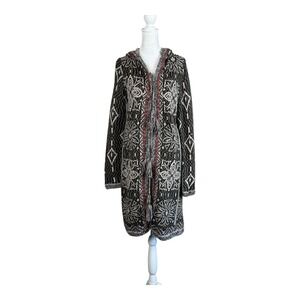 Free People Cardigan Sweater Medium Bohemian Geometric Knit Hooded Tassel